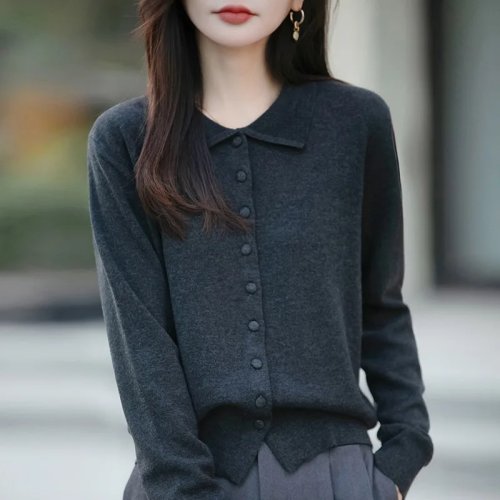 Casaco de malha coreano para mulher liso com lapela, retro elegante, solto e ajustado, top básico outono inverno