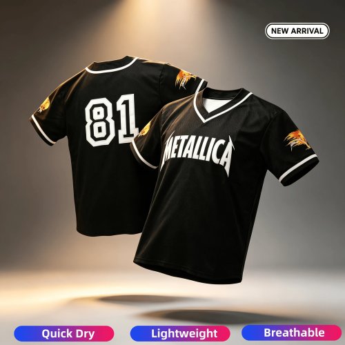 T-shirt 3D Metallica 1981 Retro Baseball Jersey Groupe de Rock Unisexe Manches Courtes Ample Homme Femme