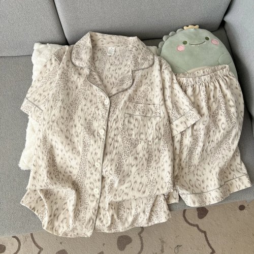 Women's Summer Thin Leopard Print Pajama Set – Short Sleeve & Shorts, Cute 2-Piece Homewear
