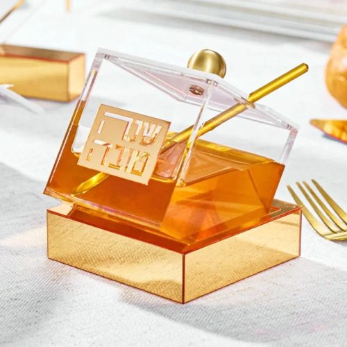 Judaica Prato de Mel em Acrílico com Colher de Mel, Decoração de Mesa Hebraica Shana Tova, Recipiente de Mel com Base para Presente de Rosh Hashaná