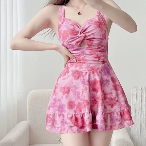 Đồ Bơi Nữ Một Mảnh Màu Hồng Gợi Cảm với Viền Xếp Ly, Không Tay, Halter Sau Lưng, Kiểm Soát Bụng, Trang Phục Biển Mùa Hè