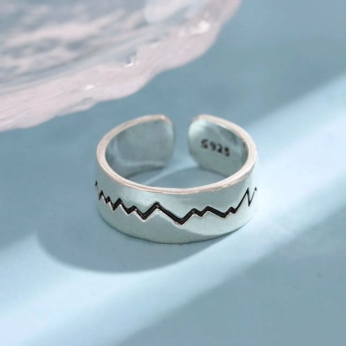 Anello Aperto Forma Elettrocardiogramma in Argento Sterling 925 Liscio Texture Ondulata Moda Nuova R276