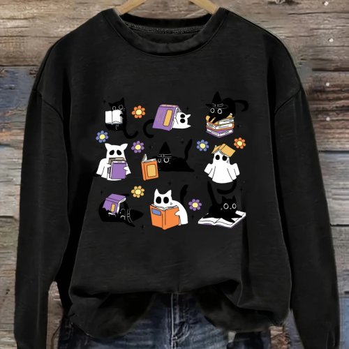 T-shirt femme manches longues col rond motif chats lisant des livres