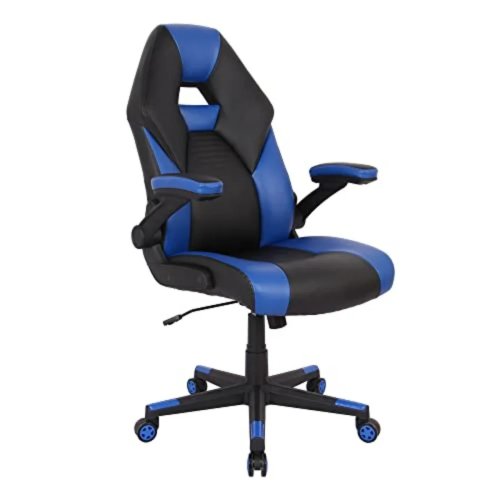 Cadeira gaming de escritório profissional, couro sintético, preto/azul, encosto alto, certificada BIFMA
