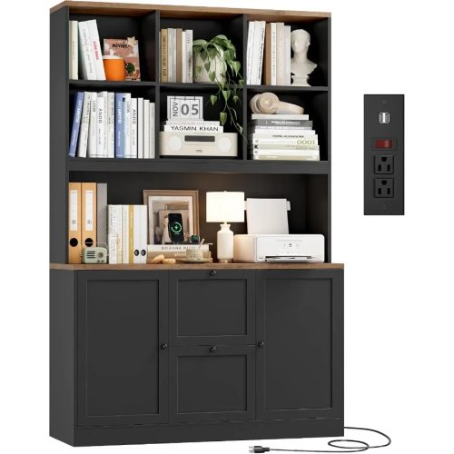Tủ sách hồ sơ văn phòng bằng thép đen cao 72 inch có ổ cắm điện, kệ máy in và 2 ngăn kéo hồ sơ
