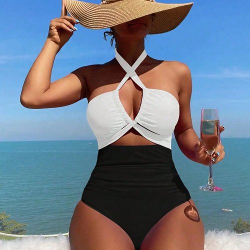 Traje de baño entero con cuello halter y control de abdomen, bloque de color – Blanco y negro