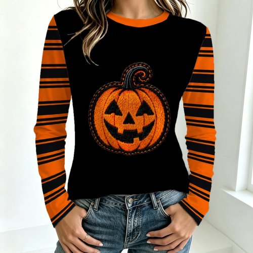 Damski top z długim rękawem, print 3D Halloween dynia i paski, okrągły dekolt, casual na wakacje