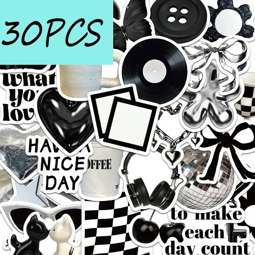 30 Stiker Seri Mood Hitam Putih, Stiker Dekorasi Anti Air untuk Koper, Diary, Laptop