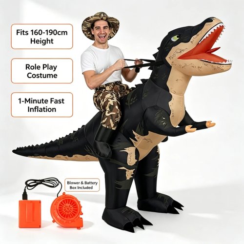 Disfraz inflable de jinete T-Rex para adultos – Traje divertido de dinosaurio camuflaje con gorra camo, ventilador y batería para Halloween