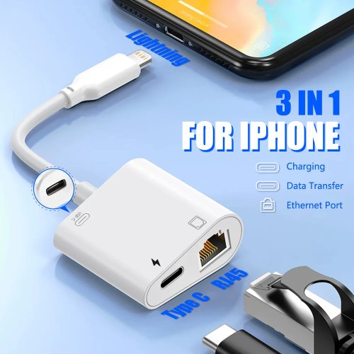 Lightning to RJ45 Ethernet LAN Network OTG Adapter 100Mbps with Charging Port for iPhone 14 13 12 11 Pro Max iPad Plug and Play