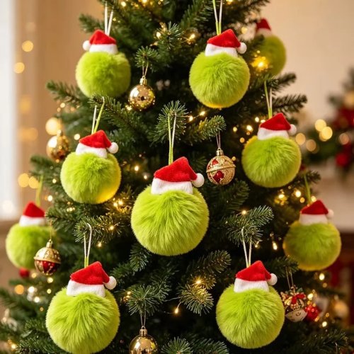 12 pzas Bolas Navideñas Verdes Peludas Adornos Colgantes para Árbol Duende de Peluche Gorro Rojo Manualidades DIY