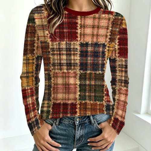 Atasan Wanita Lengan Panjang Motif Plaid Retro 3D Print Patchwork Leher Bulat Kasual Musim Gugur