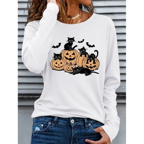Women's Long-Sleeve Halloween T-Shirt Black Cats Pumpkins Bats Print Crew Neck Casual Tee