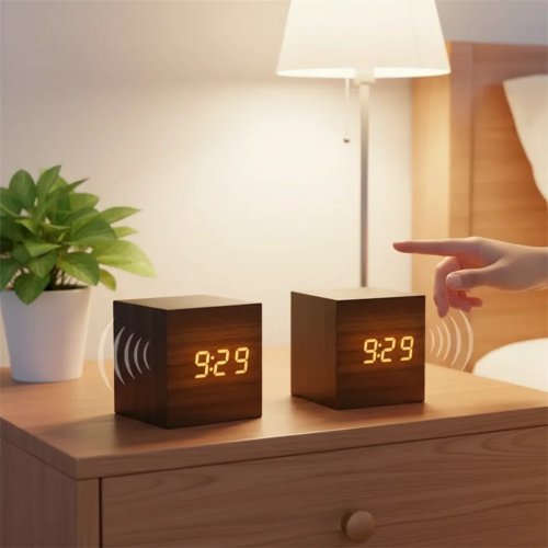 Réveil en bois LED intelligent avec commande vocale, horloge numérique de bureau multifonction