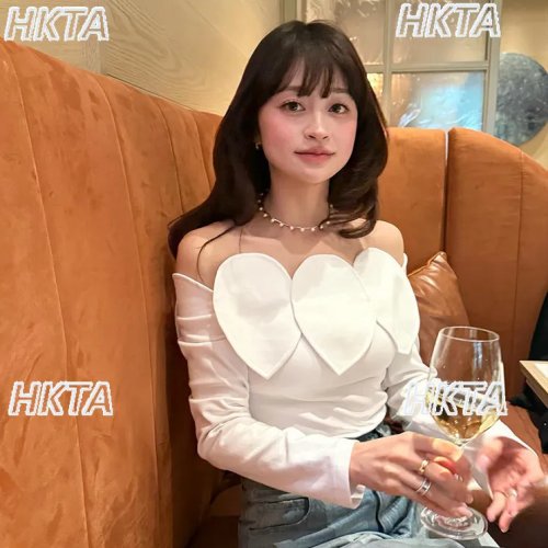 Damen 3D Off-Shoulder Langarm T-Shirt - Japanische reine Baumwolle Slim Fit Weiß Top für Frühling/Sommer