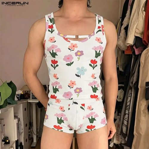 INCERUN Men's 2-Piece Summer Set Floral Print Sleeveless Tank Top & Shorts Casual Homewear Unisex Matching Set