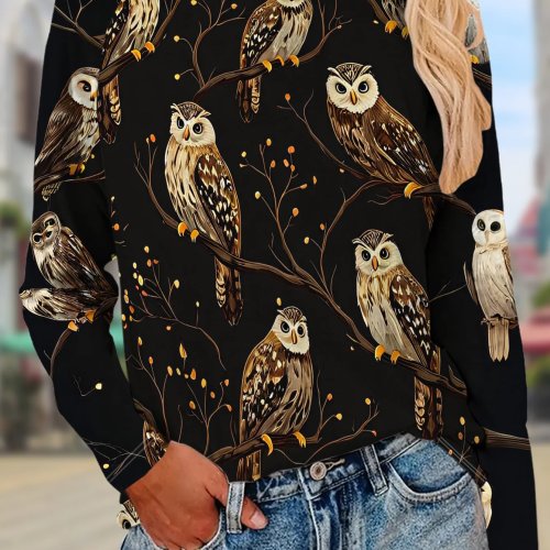 Damen Langarm T-Shirt Rundhals Eule Vogel Zweig Wald Print - Freizeit Top Lässig Alltag Herbstkleidung