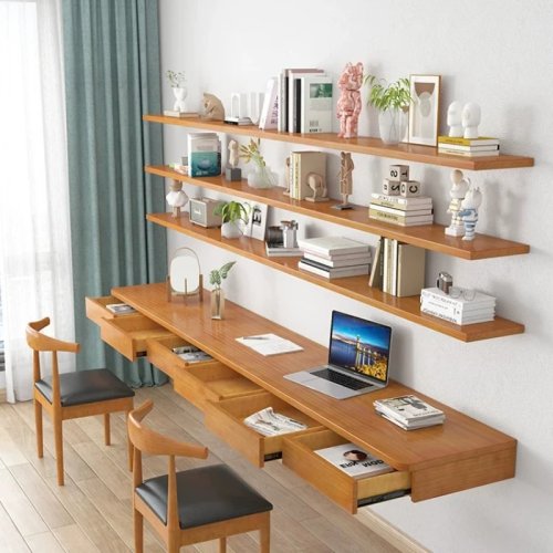 Japanischer Stil Massivholz Wandschreibtisch – Nordischer langer Hängeschreibtisch für Büro & Studium