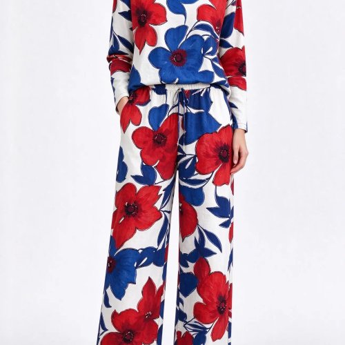 Set Piama Wanita Bahan Katun Imitasi - Motif Bunga Besar Merah/Biru, Lengan Panjang Kerah Bulat, 2 Pcs Pakaian Tidur & Santai