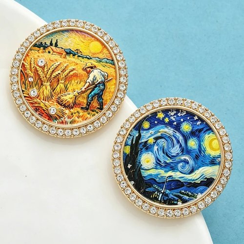 Wuli&baby Broches redondos de cuadros famosos para mujer y hombre, 2 diseños – La noche estrellada y El segador, regalo