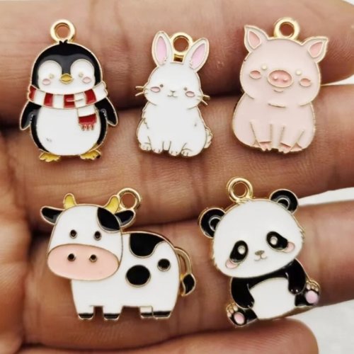 10 chiếc charm động vật hoạt hình bò cánh cụt heo men hợp kim cho dây chuyền bông tai móc khóa DIY