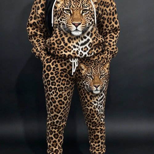 Conjunto Deportivo Mujer Estampado Animal 3D, Sudadera con Capucha y Cordón + Pants Jogger, 2 Piezas