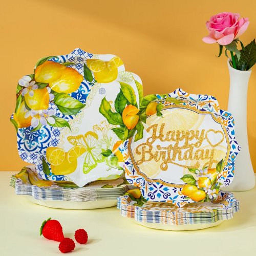 10/25/50 Pcs Lemon Happy Birthday Disposable Paper Plates - Summer Citrus Themed Party Supplies