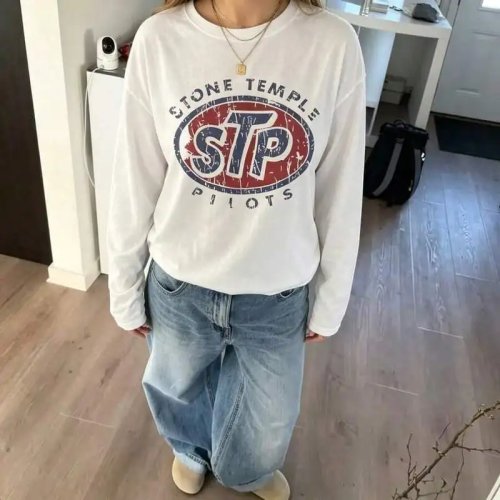 여성 긴팔 티셔츠 Stone Temple Pilots STP 빈티지 레터 프린트 크루넥 캐주얼 티