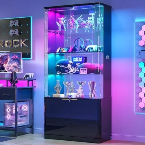 Witryna 71 z szklanymi drzwiami do salonu, szkło hartowane i metal, czarny, światła RGB i zamykany schowek