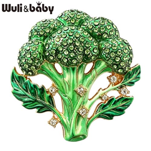 Wuli&baby Broccoli bloem broche voor dames en heren, groene groente speld met stras en emaille, casual kantoorbroche, cadeau