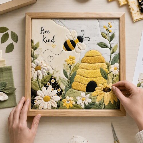 ชุด DIY ปักผ้าด้วยเข็มพันช์นีดเดิล ผึ้ง รังผึ้ง ทานตะวัน ภาพติดผนัง 3D ของตกแต่งสไตล์รัสติก กรอบไม้ สำหรับผู้เริ่มต้น