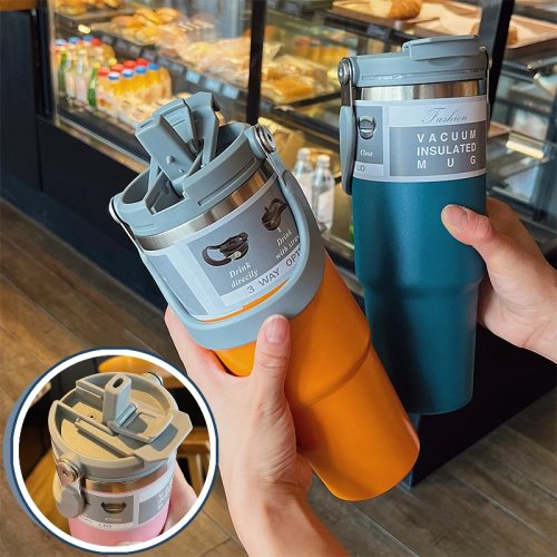 30oz Stainless Steel Vacuum Insulated Water Bottle with Straw, Large Tumbler Travel Mug for Car & Outdoor Sports
