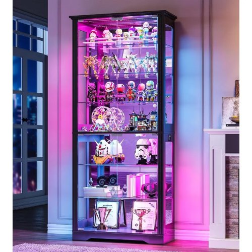 Vitrine de vidro para sala, vidro temperado, cor preta, iluminação RGB, prateleiras ajustáveis