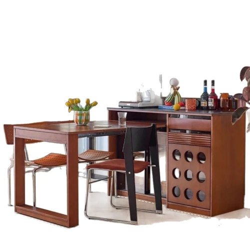 Medieval Style Solid Wood Folding Dining Table – Retractable Island Table for Small Apartments