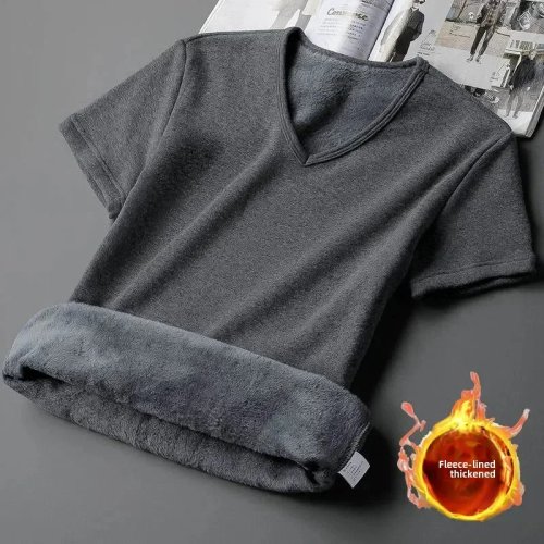 T-shirt thermique homme en velours, col V manches courtes – sous-vêtement chaud pour l'automne/hiver