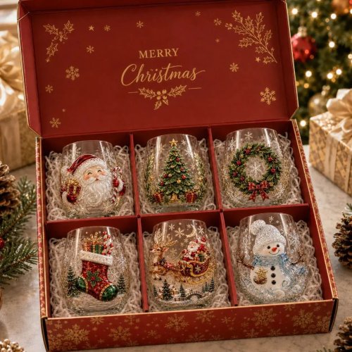 サンタ柄 クリスタル ワイングラス 透明ガラス クリスマス テーブル装飾 ギフト (1/6個)