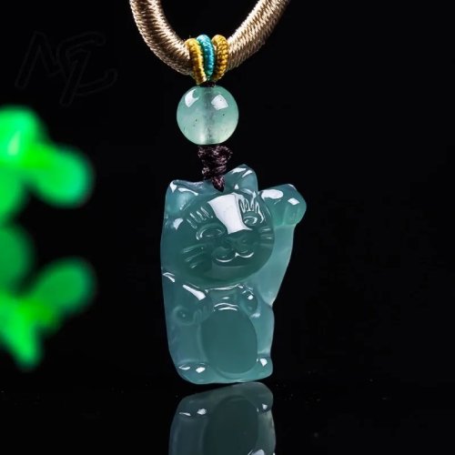 Natuurlijke Birmese Jadeiet Blauw Water Cartoon Kat Hanger Ketting - Smaragd Amulet Sieraad Cadeau met Certificaat, Truiketting
