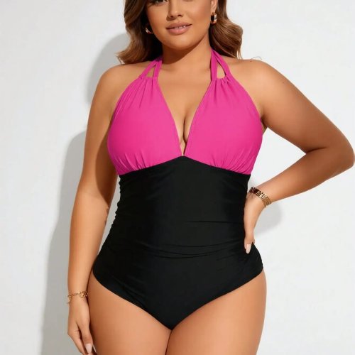 2026 New Plus Size Women's Hot Pink & Black Halter Ruched One-Piece Swimsuit Tummy Control for Vacation