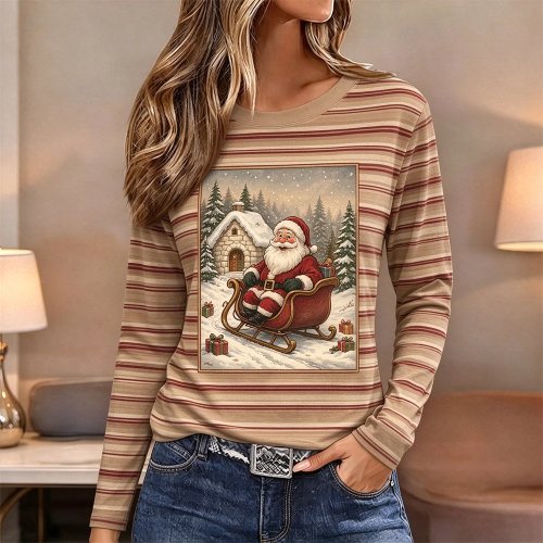 Women's Christmas Long Sleeve T-Shirt Plaid Spliced Santa Graphic Print Casual Pullover Fall Winter Holiday Tee Gift