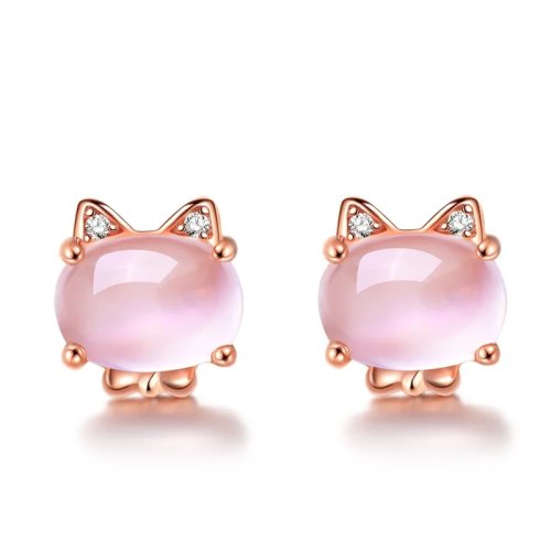Pink Natural Jade Cat Earrings Rose Gold Plated Charm Amulet Women's Gemstone Stud Earrings Gift