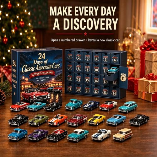 Adventskalender 24 Tage klassische amerikanische Autos, Weihnachts-Countdown 2026 mit 24 sammelbaren Die-Cast-Modellautos im Vintage-Stil