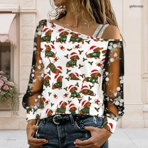 Blusa Asimétrica Mujer Cold Shoulder Estampado Perro Salchicha Gorro de Santa Manga Larga Transparente