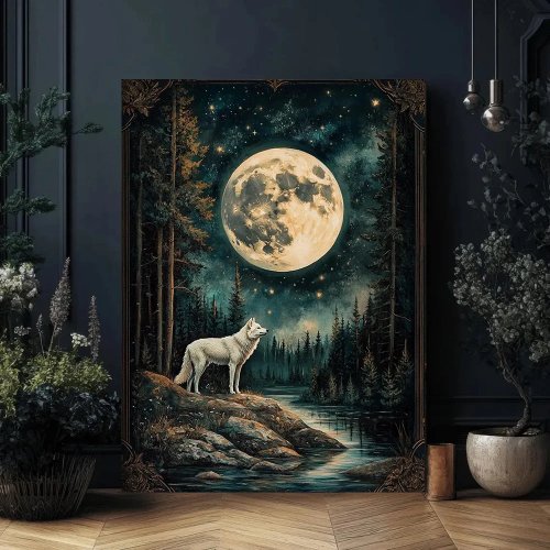 Lienzo sin marco – Lobo blanco con luna llena en bosque oscuro, póster y lámina para pared, varios tamaños, 1 pza.