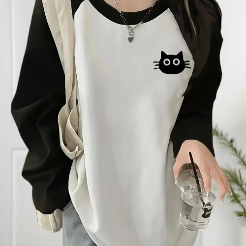 Camiseta de manga larga para mujer casual blanco y negro con estampado de gato lindo cuello redondo para primavera y otoño