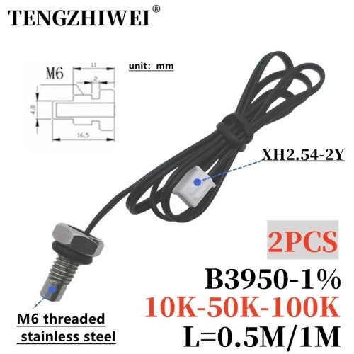 2PCS Sensor Suhu NTC M6 Drat Probe Stainless 304, Termistor 10K/50K/100K B3950, 50cm/1m