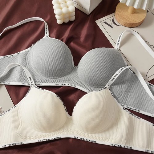 Women's Sexy Push-Up Ribbed Bra Letter Print Small Bust Bra Black Gray Casual Underwear