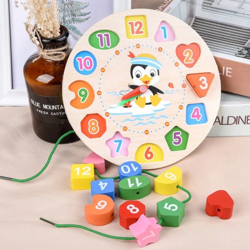 Đồ chơi xếp hình đồng hồ gỗ Montessori – Học xem giờ, phân loại hình khối & số, xâu dây, phát triển vận động tinh cho bé từ 3 tuổi