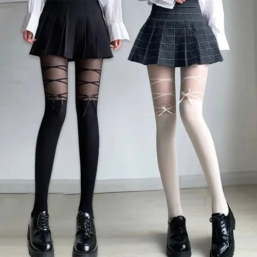 女性用 薄手 パンティストッキング リボン付き Lolita かわいい ロングタイツ 黒 白 セクシー ランジェリー