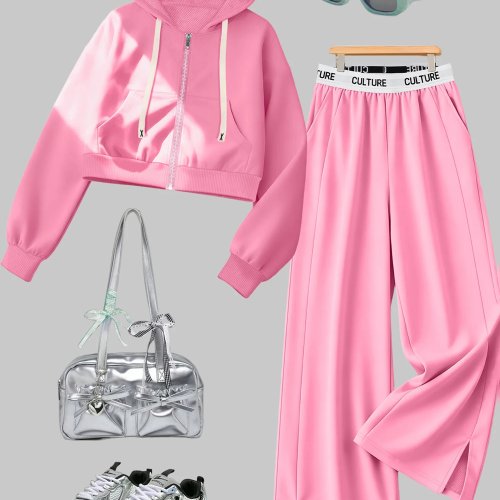 Damen 2-teiliges Set: Kapuzen-Sweatshirt mit Reißverschluss und Crop-Schnitt & weite Hose mit Schlitz, lässiges Streetwear-Outfit