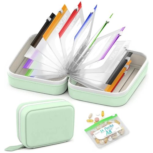 Organizzatore settimanale di pillole 7/14 con sacchetti, sacchetti portapillole con codice colore, custodia impermeabile per medicine, set portatile di sacchetti per vitamine e integratori